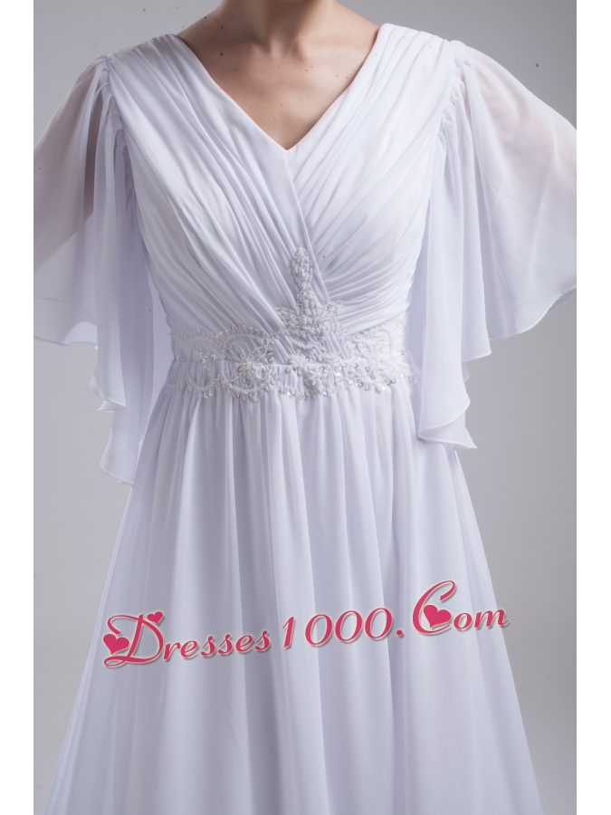 Empire V-neck Ruching Half Sleeves Cheap Wedding Dress