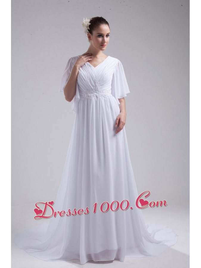 Empire V-neck Ruching Half Sleeves Cheap Wedding Dress