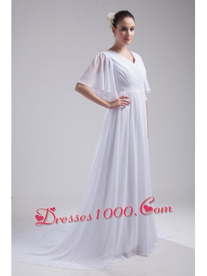 Empire V-neck Ruching Half Sleeves Cheap Wedding Dress