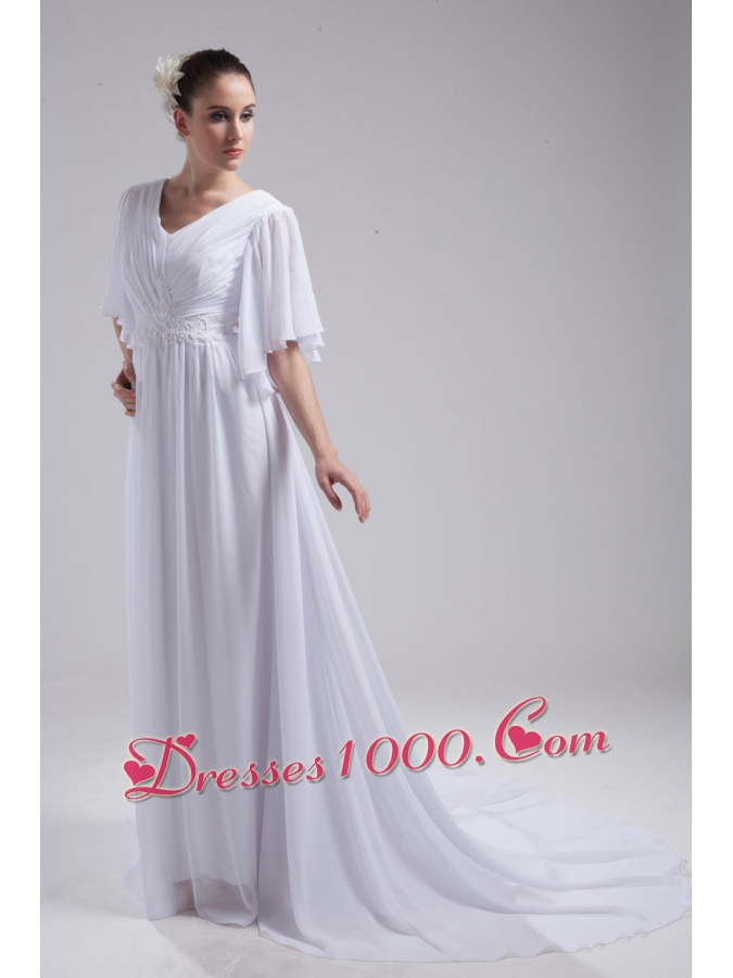 Empire V-neck Ruching Half Sleeves Cheap Wedding Dress