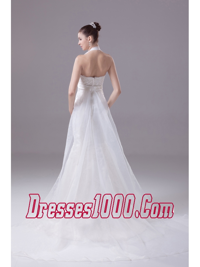 Lace Beading and Appliques Court Train Mermaid Halter Wedding Dress