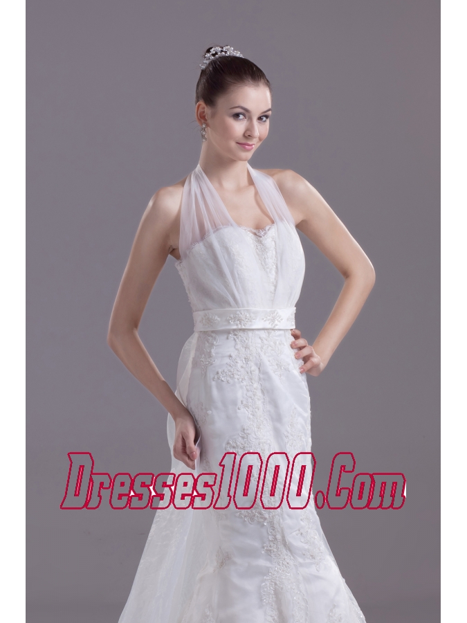 Lace Beading and Appliques Court Train Mermaid Halter Wedding Dress