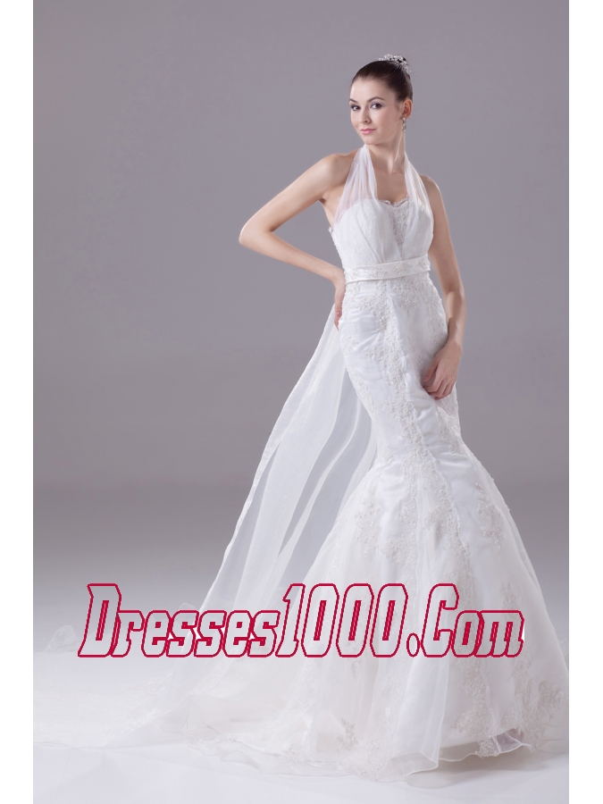 Lace Beading and Appliques Court Train Mermaid Halter Wedding Dress
