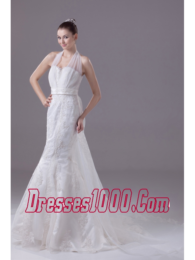 Lace Beading and Appliques Court Train Mermaid Halter Wedding Dress