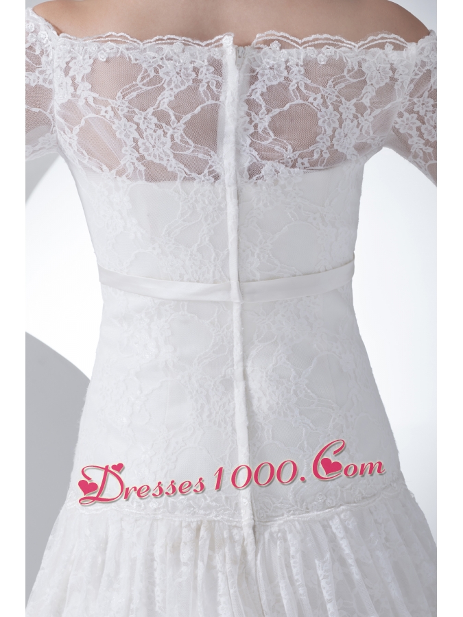 Lace Column Off The Shoulder Court Train Wedding Dress