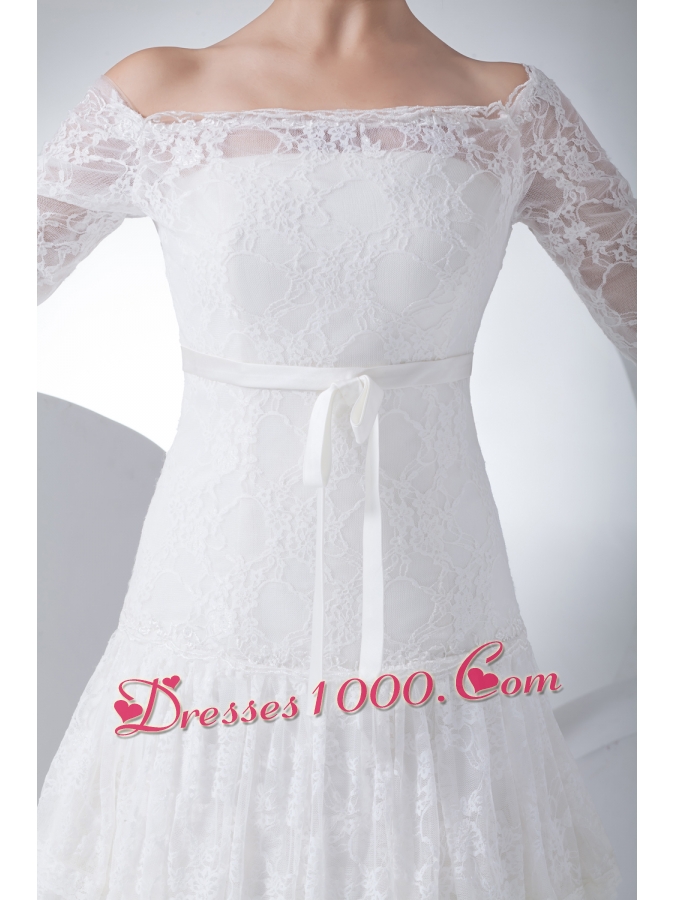 Lace Column Off The Shoulder Court Train Wedding Dress