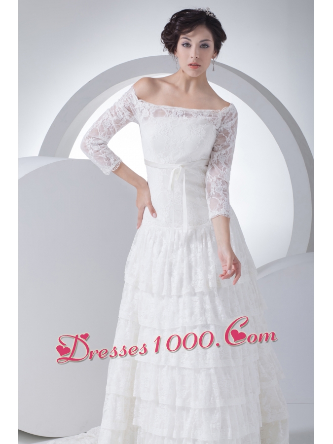Lace Column Off The Shoulder Court Train Wedding Dress
