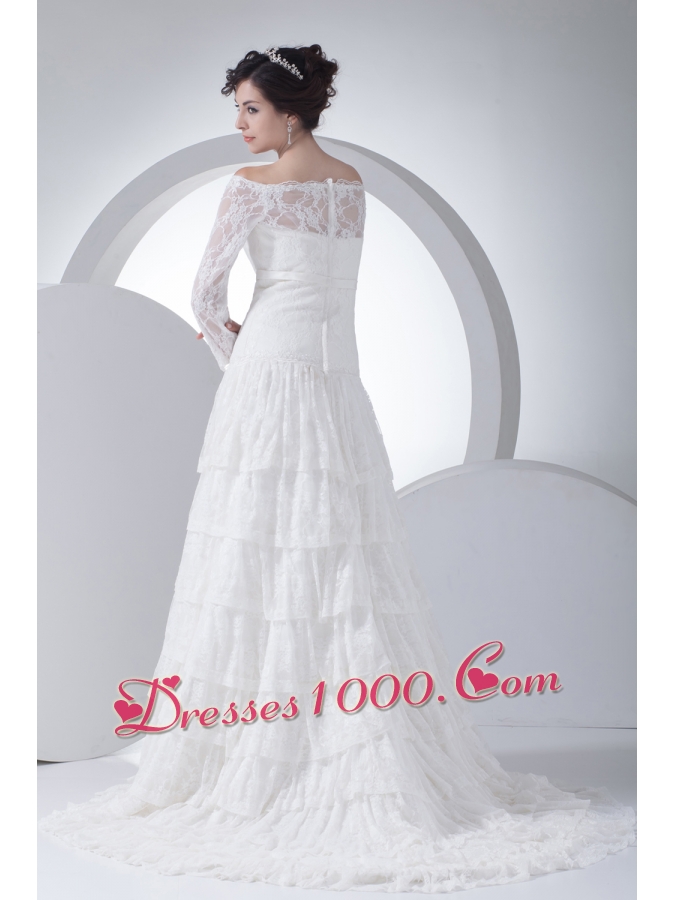 Lace Column Off The Shoulder Court Train Wedding Dress