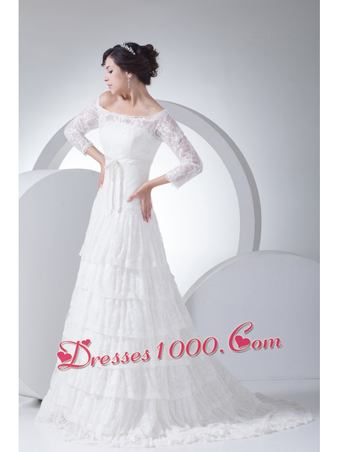 Lace Column Off The Shoulder Court Train Wedding Dress