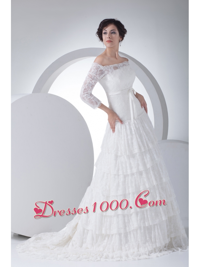 Lace Column Off The Shoulder Court Train Wedding Dress