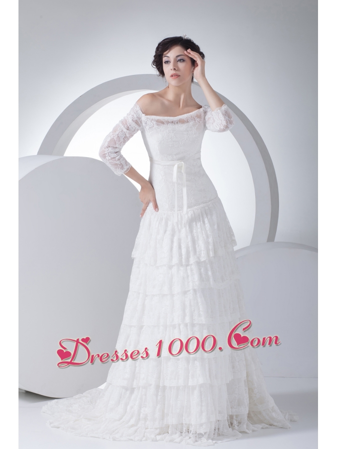 Lace Column Off The Shoulder Court Train Wedding Dress