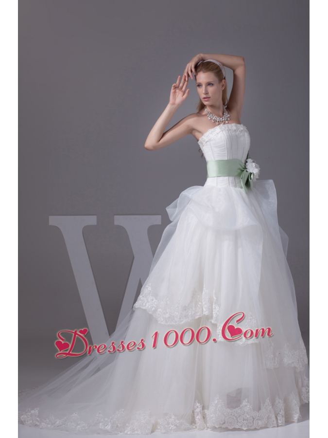 Lace Sash With Hand Made Flower A-line Wedding Dress