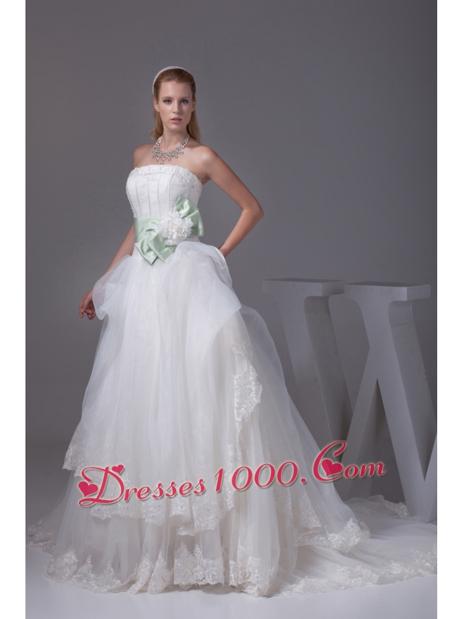 Lace Sash With Hand Made Flower A-line Wedding Dress