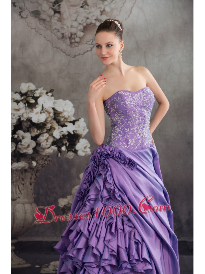 Lavender Ruffles Hand Made Flowers Embroidery Quinceanera Dress