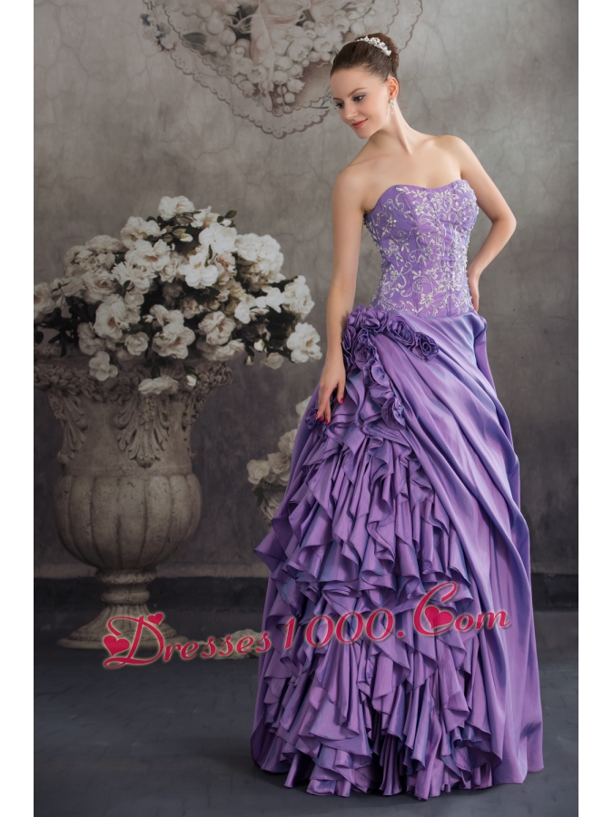 Lavender Ruffles Hand Made Flowers Embroidery Quinceanera Dress