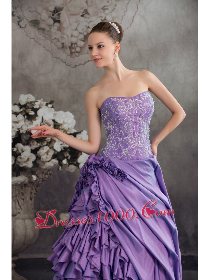 Lavender Ruffles Hand Made Flowers Embroidery Quinceanera Dress