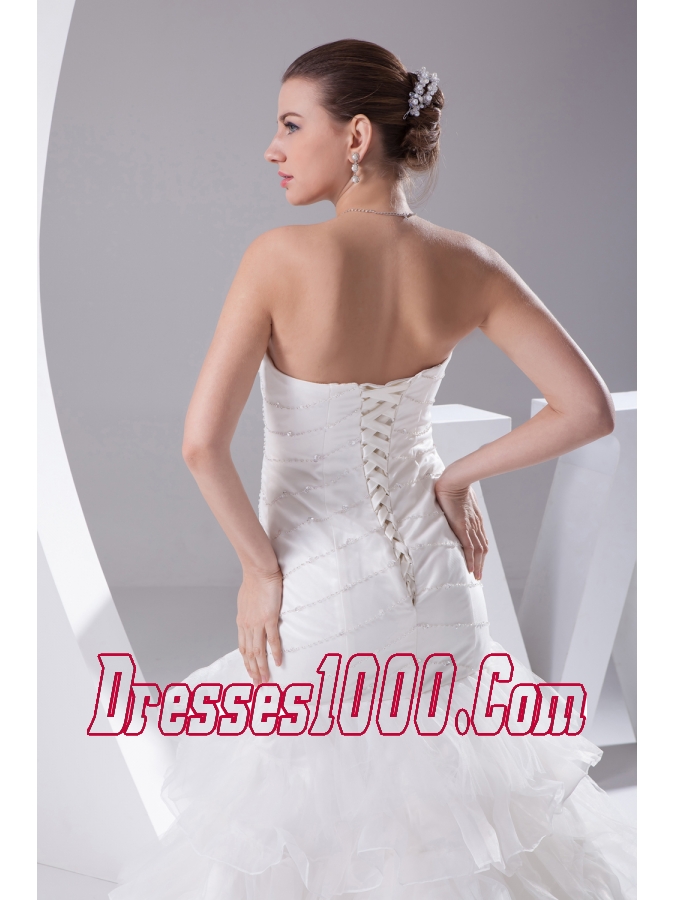 Mermaid Beading Ruffled Layers Brush Train Wedding Dress