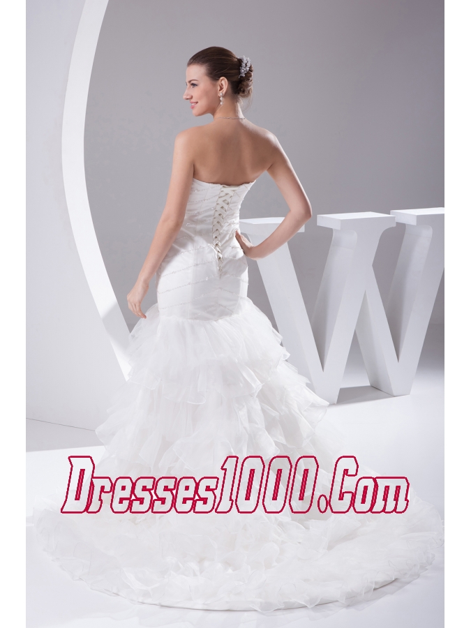Mermaid Beading Ruffled Layers Brush Train Wedding Dress