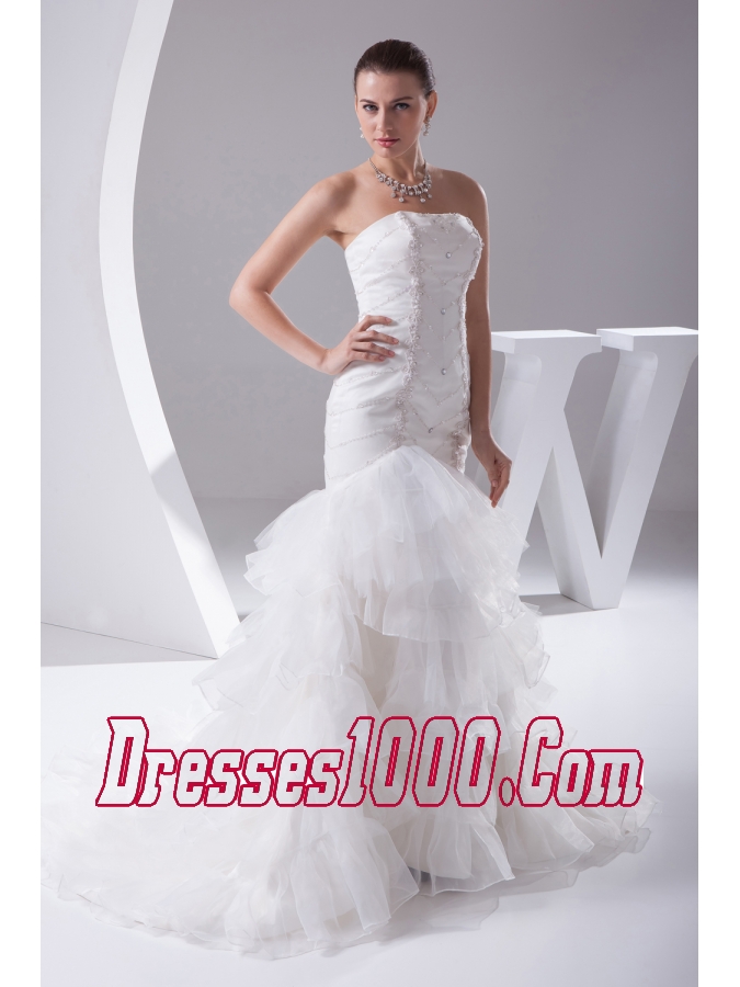 Mermaid Beading Ruffled Layers Brush Train Wedding Dress