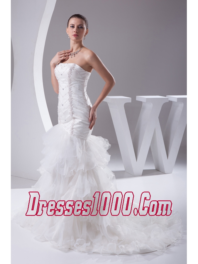 Mermaid Beading Ruffled Layers Brush Train Wedding Dress