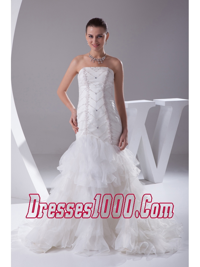 Mermaid Beading Ruffled Layers Brush Train Wedding Dress