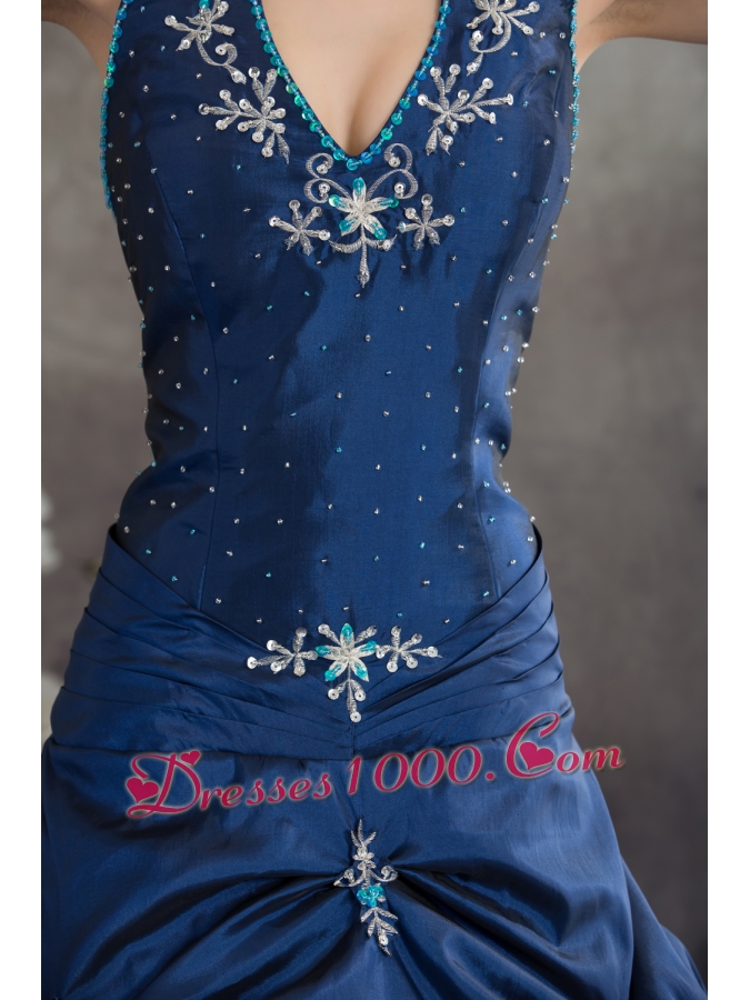 Navy Blue Halter Top Beading Appliques A-line Quinceanera Dress