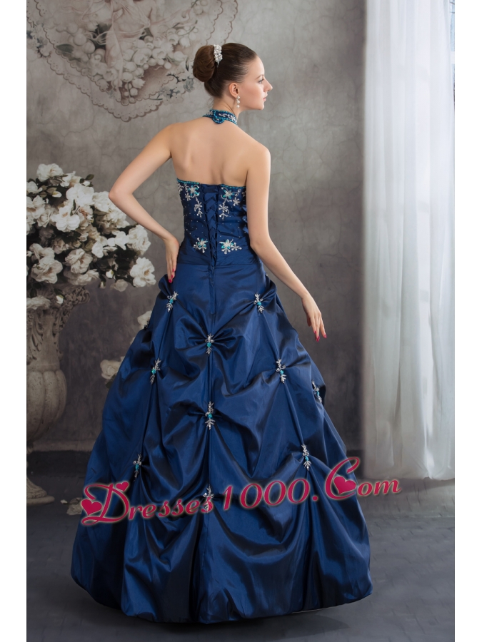Navy Blue Halter Top Beading Appliques A-line Quinceanera Dress
