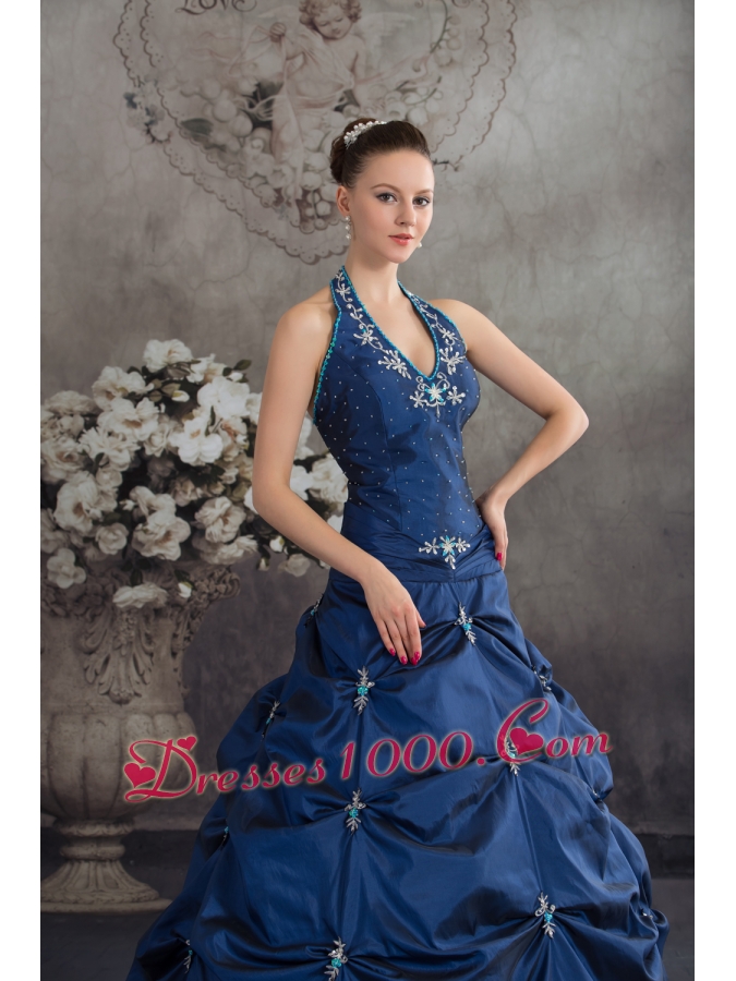 Navy Blue Halter Top Beading Appliques A-line Quinceanera Dress