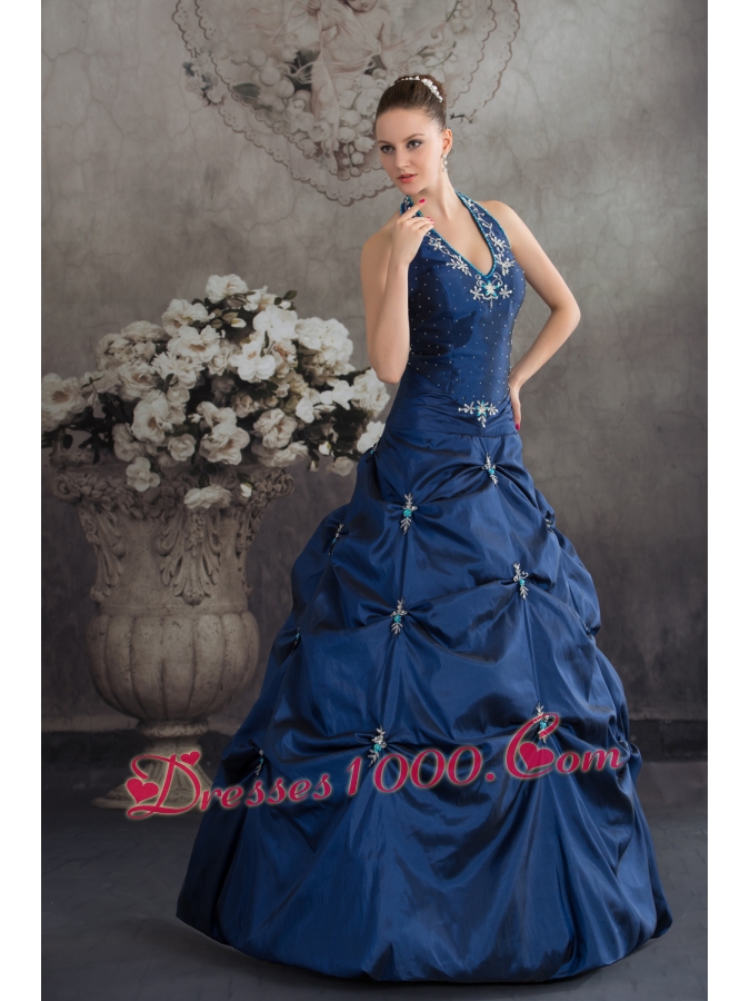 Navy Blue Halter Top Beading Appliques A-line Quinceanera Dress