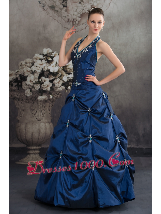 Navy Blue Halter Top Beading Appliques A-line Quinceanera Dress