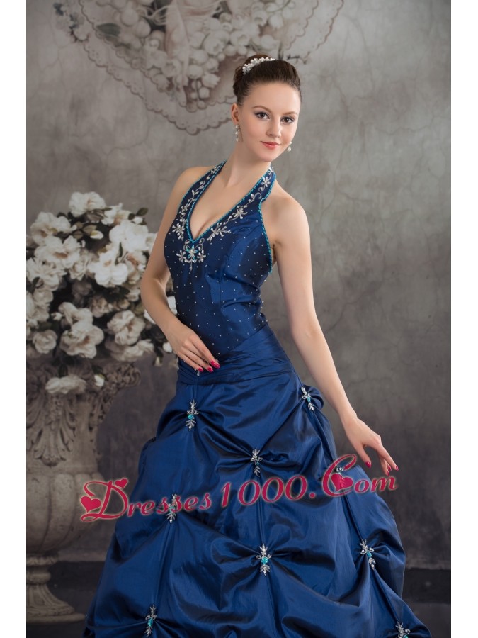 Navy Blue Halter Top Beading Appliques A-line Quinceanera Dress