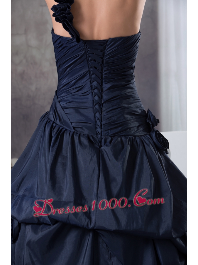 Navy Blue One Shoulder Hand Made Flowers Quinceanera Dress