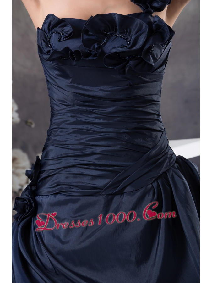 Navy Blue One Shoulder Hand Made Flowers Quinceanera Dress