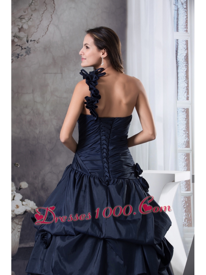 Navy Blue One Shoulder Hand Made Flowers Quinceanera Dress