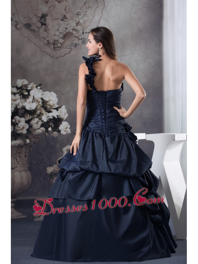 Navy Blue One Shoulder Hand Made Flowers Quinceanera Dress