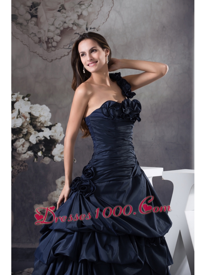 Navy Blue One Shoulder Hand Made Flowers Quinceanera Dress