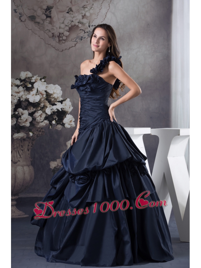 Navy Blue One Shoulder Hand Made Flowers Quinceanera Dress