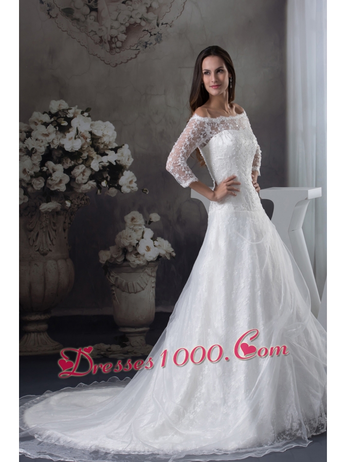 Off The Shoulder 3/4 Sleeves Lace A-line Wedding Dress