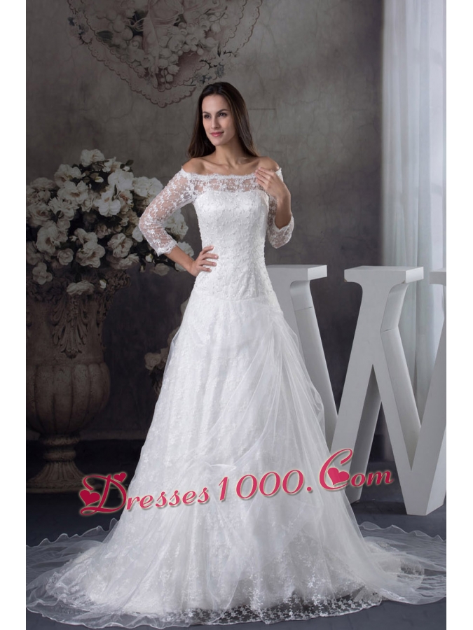 Off The Shoulder 3/4 Sleeves Lace A-line Wedding Dress