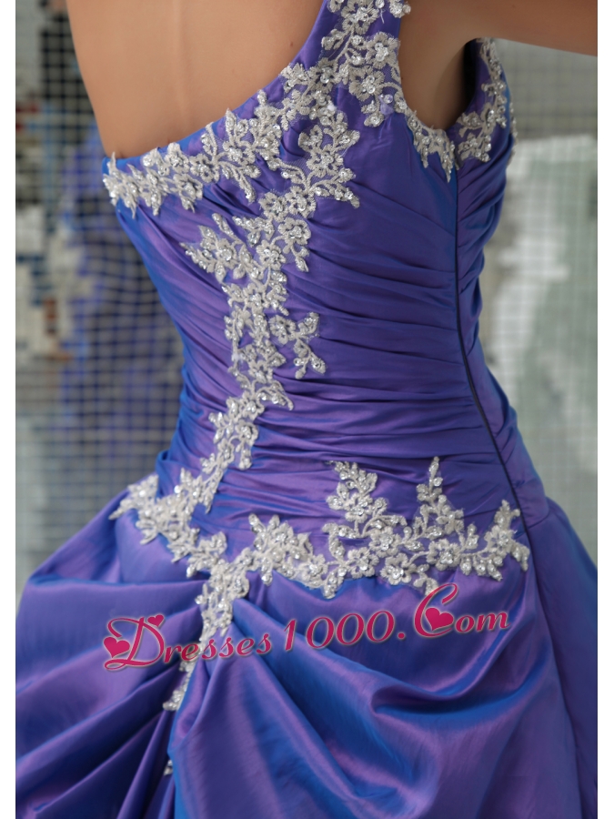 One Shoulder Appliques Purple Long A-line Quinceanera Dress
