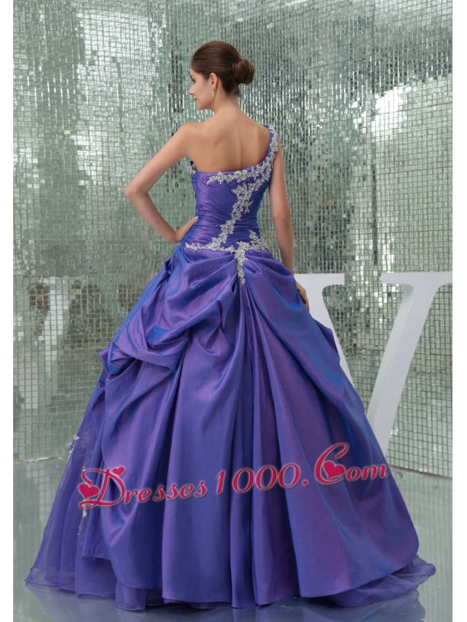 One Shoulder Appliques Purple Long A-line Quinceanera Dress