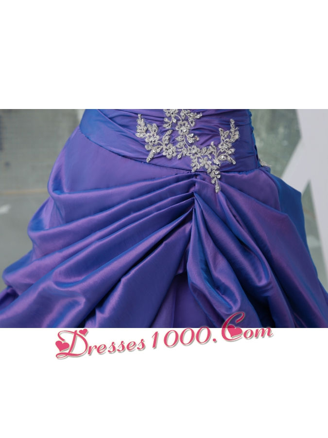 One Shoulder Appliques Purple Long A-line Quinceanera Dress