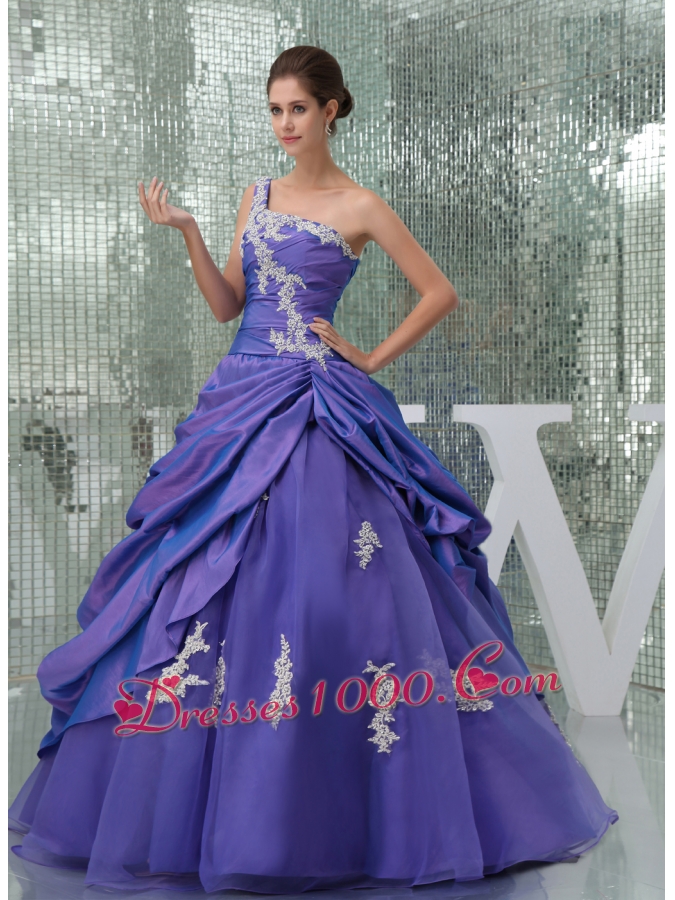 One Shoulder Appliques Purple Long A-line Quinceanera Dress
