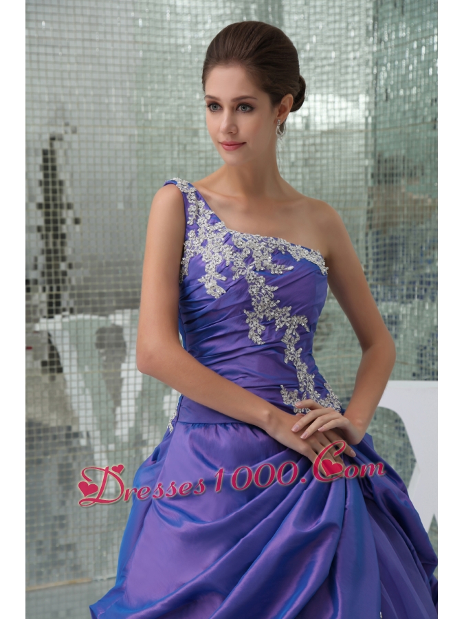 One Shoulder Appliques Purple Long A-line Quinceanera Dress