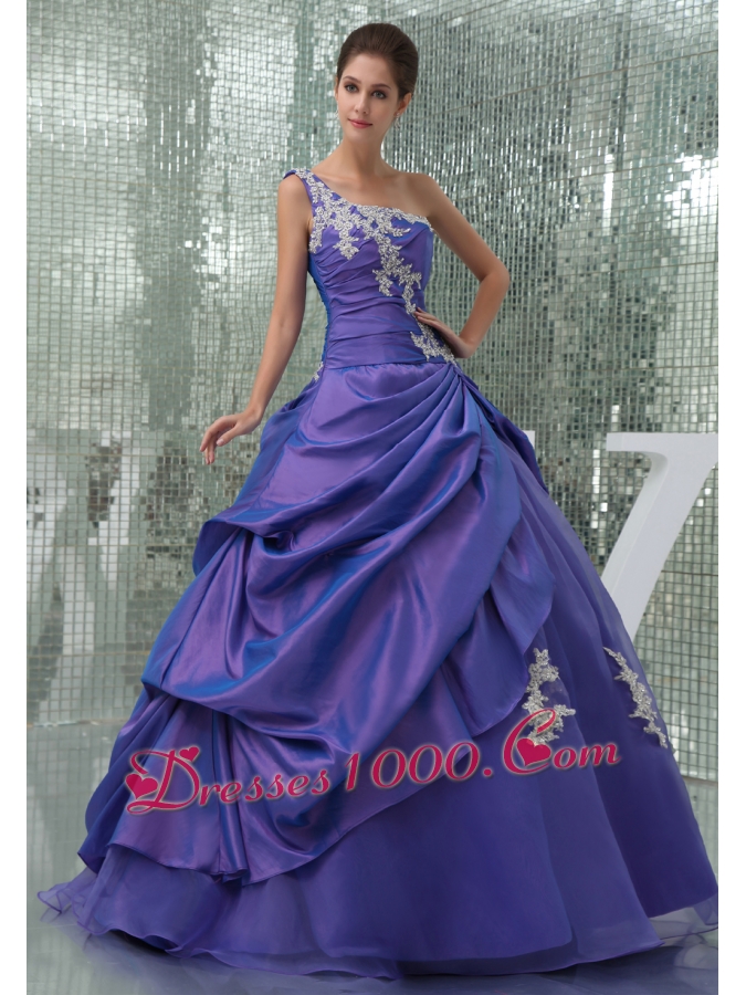 One Shoulder Appliques Purple Long A-line Quinceanera Dress