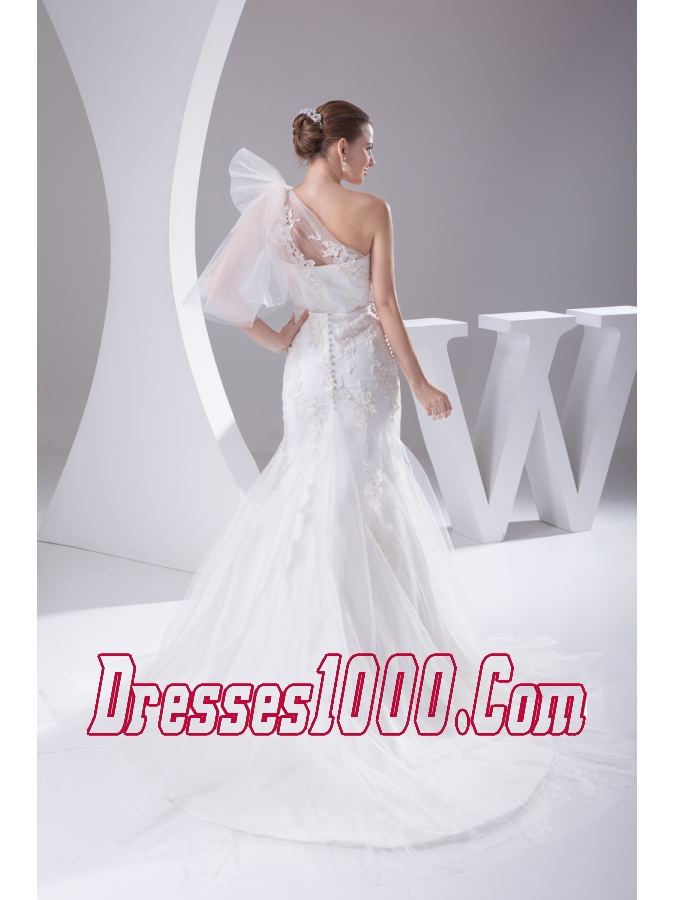 One Shoulder Mermaid Sash Brush Train Wedding Dress