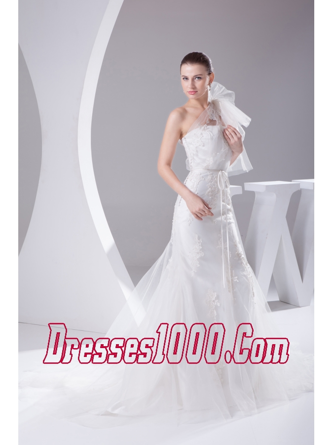 One Shoulder Mermaid Sash Brush Train Wedding Dress