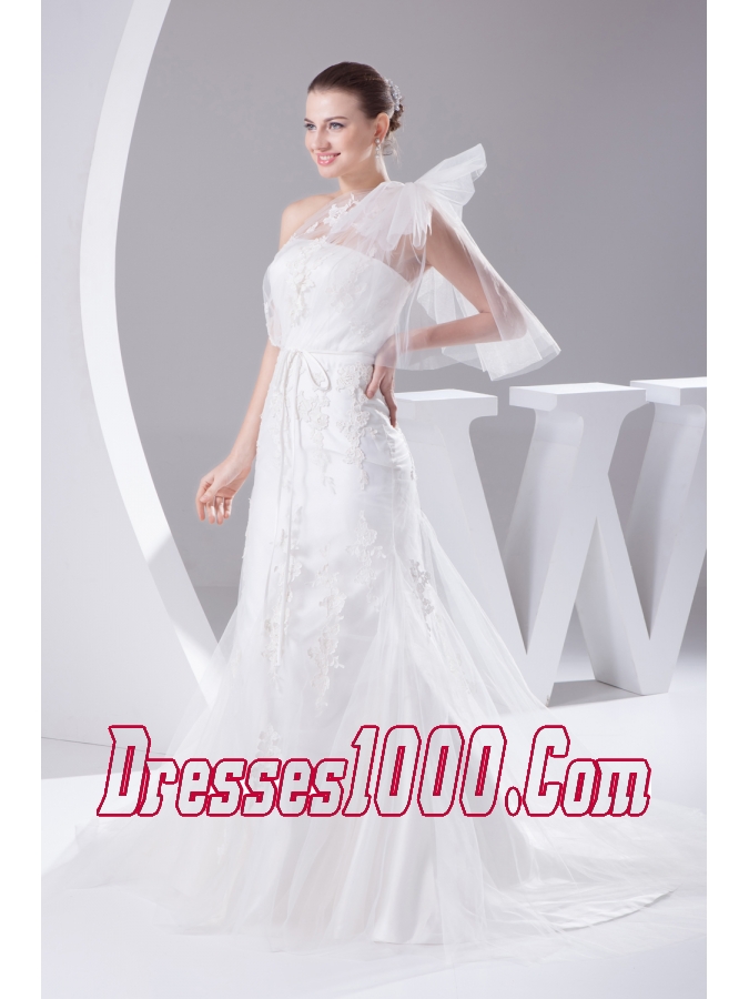 One Shoulder Mermaid Sash Brush Train Wedding Dress