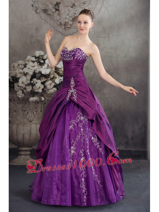 Purple Sweetheart Embroidery Long Beading Quinceanera Dress