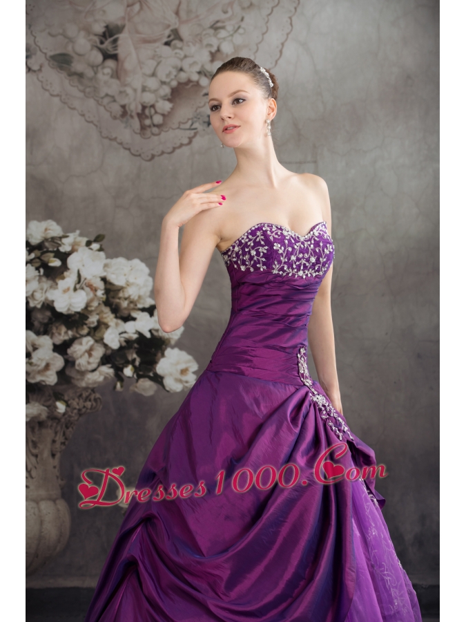 Purple Sweetheart Embroidery Long Beading Quinceanera Dress